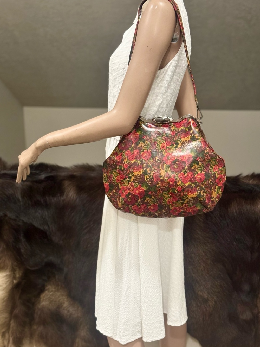 Original Design! Floral Print  Cowhide Leather Handmade Metal Frame Slouchy Bag